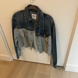 Zara Blue and Cream cropped Denim Jacket